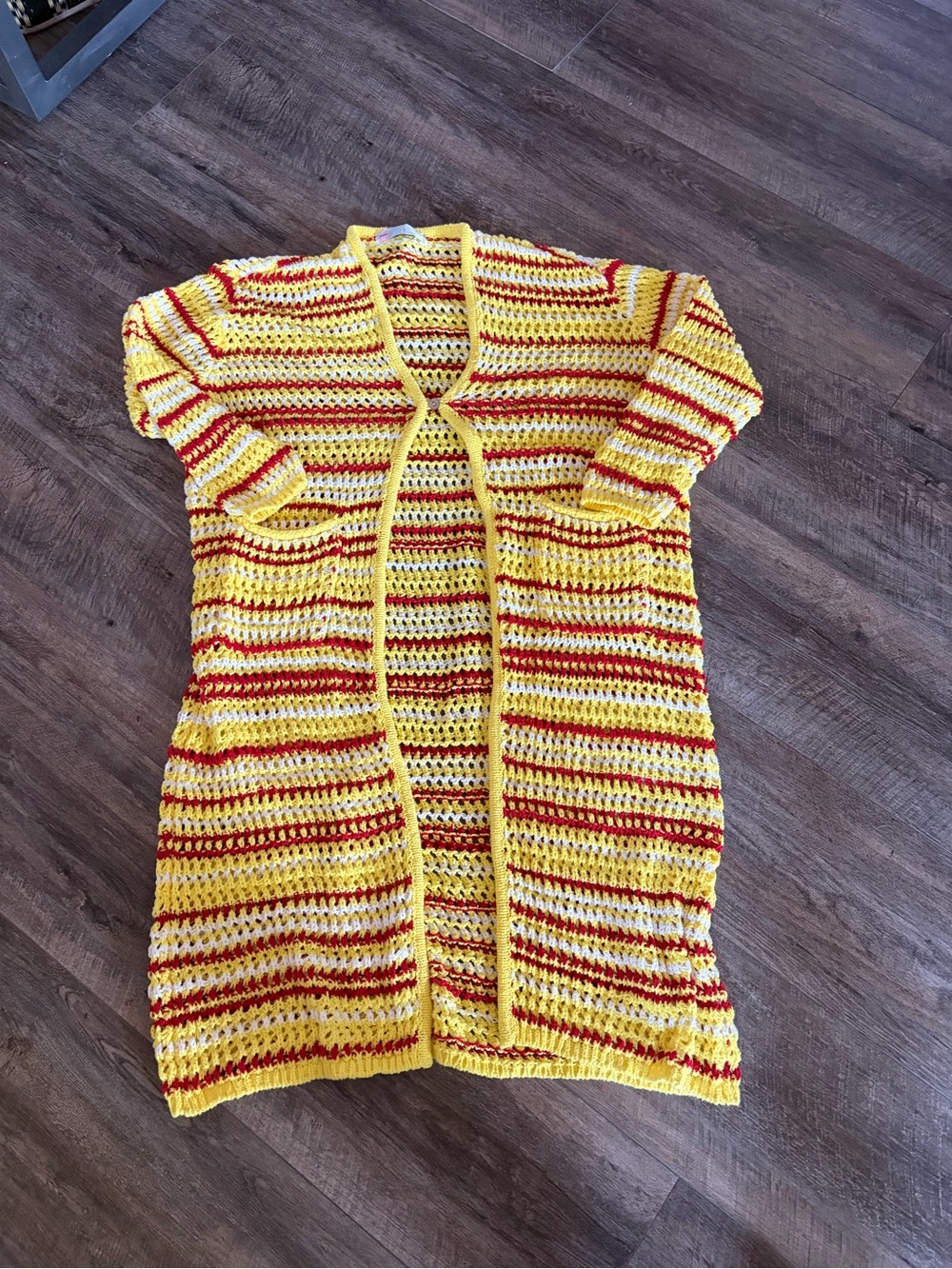 Women’s fp free people Crochet Open Cardigan - Yellow & Red Stripe chiefs colors